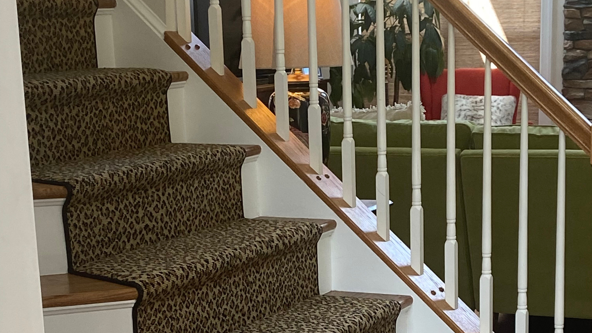 Modern stair runner design professionally installed by Jim Boyd's Flooring America